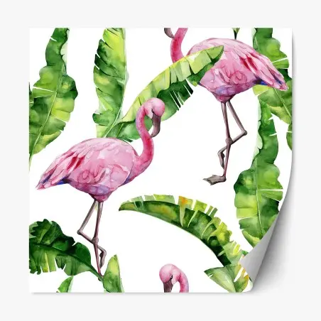 Adesivo riposizionabile motivo tropicale di fenicotteri rosa • Wallissimo®