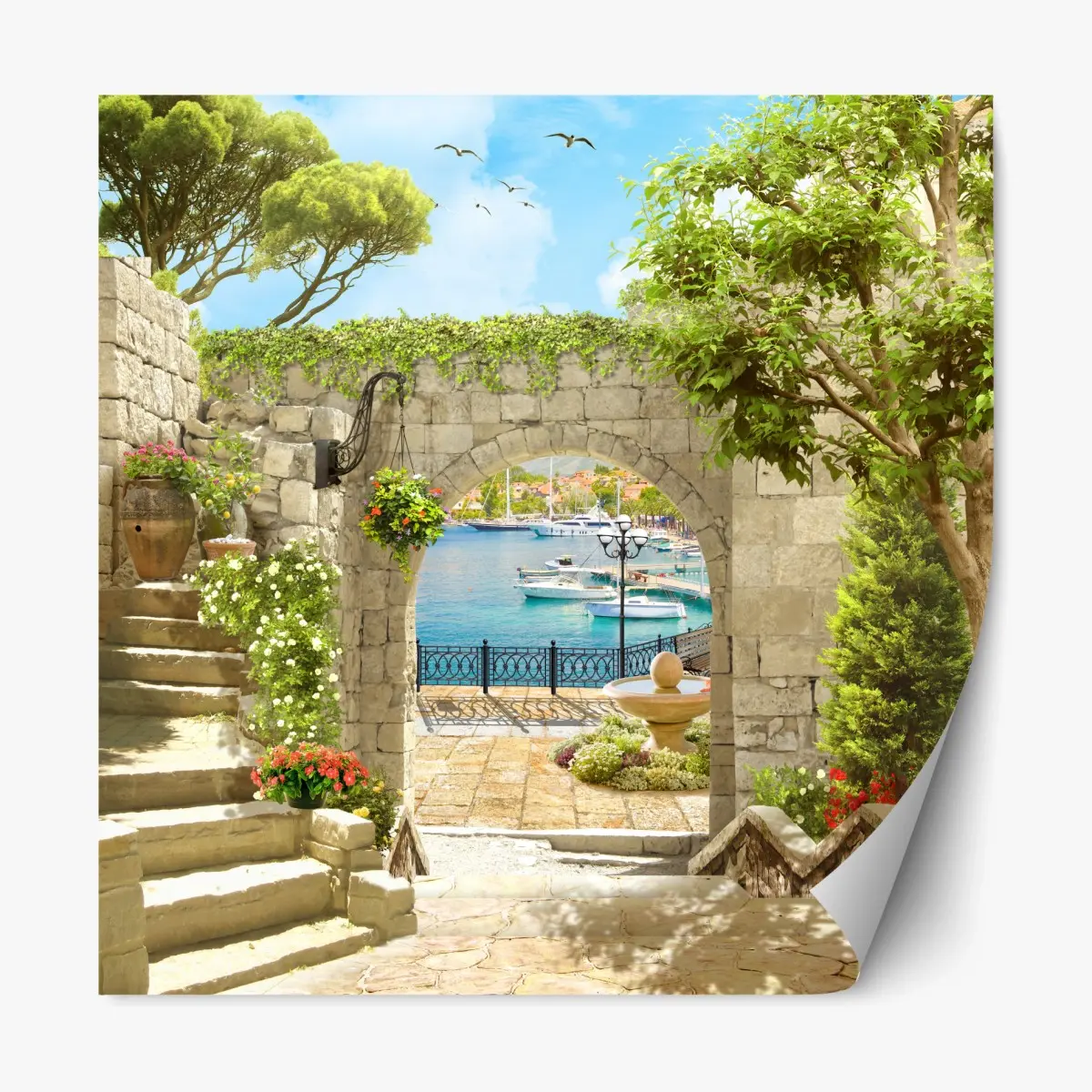 Adesivo riposizionabile vista sul porto attraverso l'arco in pietra • Wallissimo®