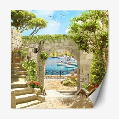 Adesivo riposizionabile vista sul porto attraverso l'arco in pietra • Wallissimo®