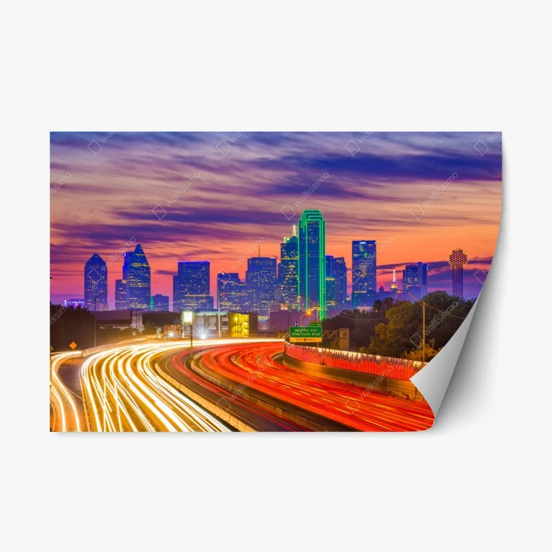 Adesivo riposizionabile tramonto su Dallas: skyline e scie di luce