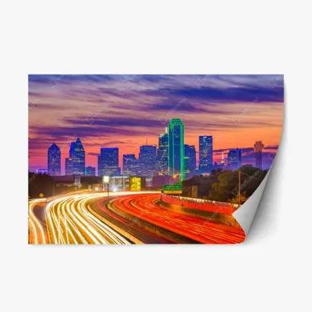 Adesivo riposizionabile tramonto su Dallas: skyline e scie di luce • Wallissimo®