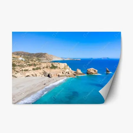 Adesivo riposizionabile scogliere dorate e mare turchese • Wallissimo®