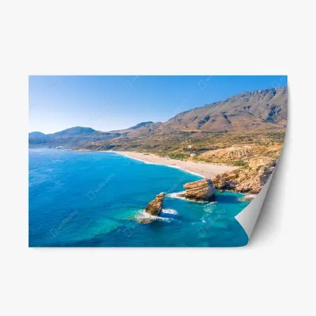 Adesivo riposizionabile panorama costiero turchese con scogli e spiaggia • Wallissimo®