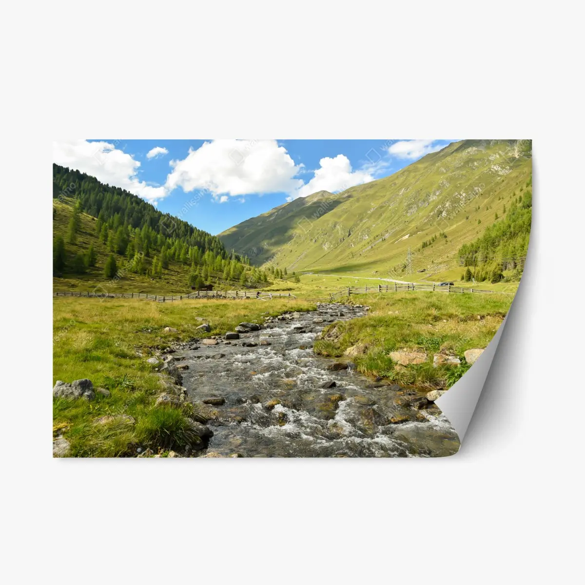 Adesivo riposizionabile panorama alpino con torrente e prati • Wallissimo®
