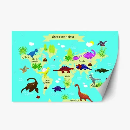 Adesivo riposizionabile mappa del mondo dei dinosauri colorata • Wallissimo®