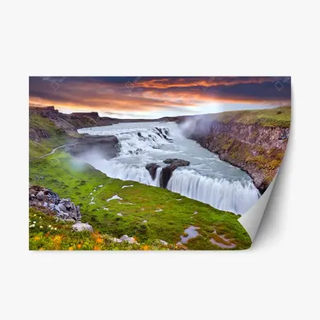 Adesivo riposizionabile tramonto su Gullfoss, cascata d'Islanda • Wallissimo®
