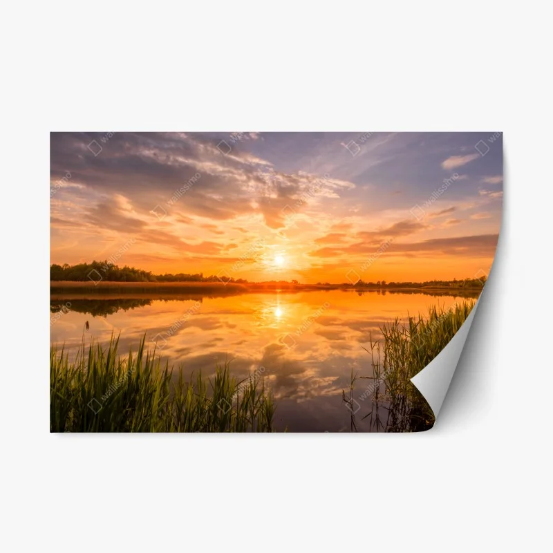 Adesivo riposizionabile tramonto dorato sul lago