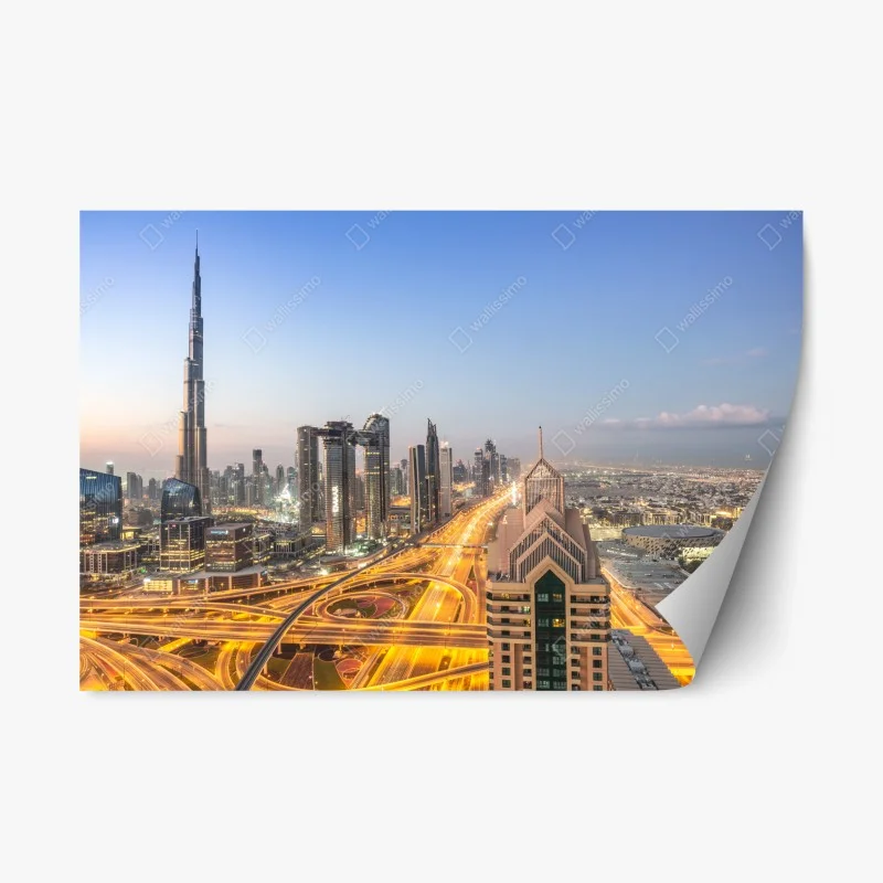 Adesivo riposizionabile skyline al crepuscolo di Dubai con Burj Khalifa