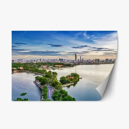 Adesivo riposizionabile tramonto sul lago con skyline cittadino • Wallissimo®