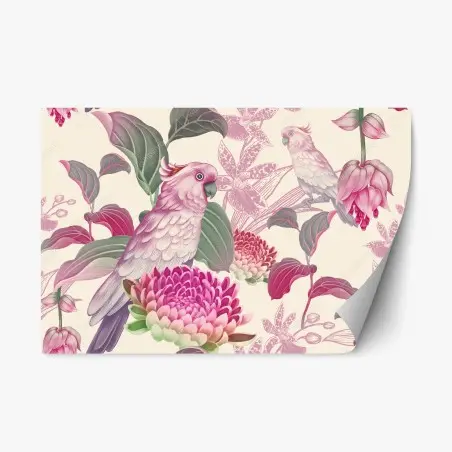 Adesivo riposizionabile cacatua rosa su motivo botanico elegante • Wallissimo®