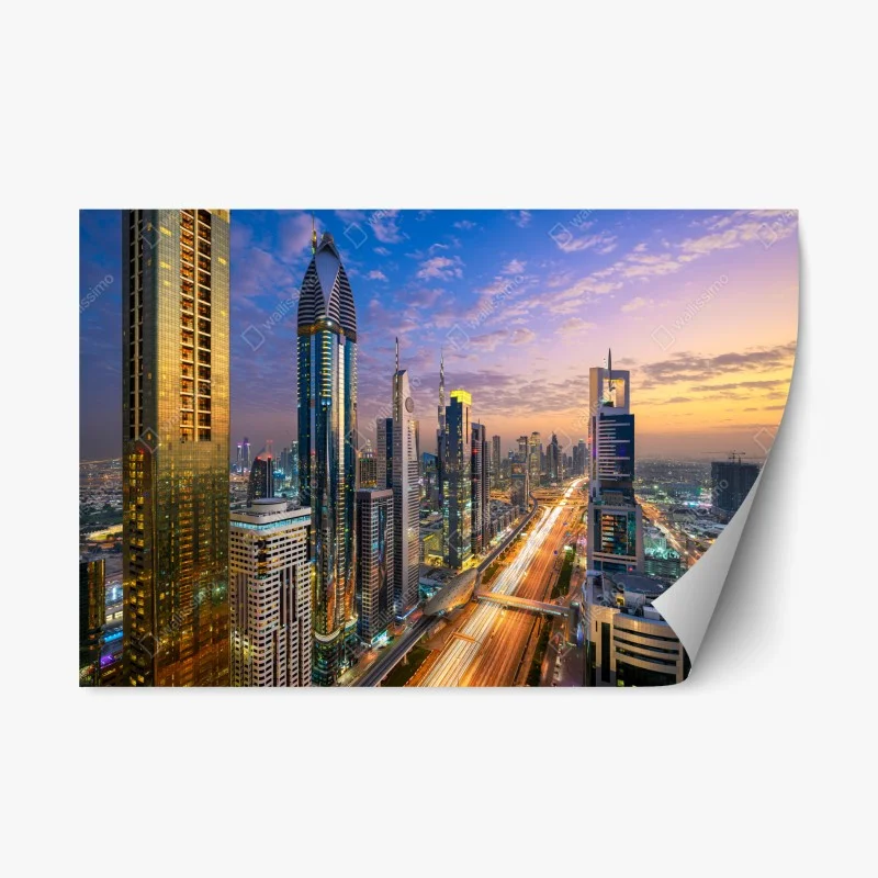 Adesivo riposizionabile vista aerea notturna di Dubai sulla Sheikh Zayed Road