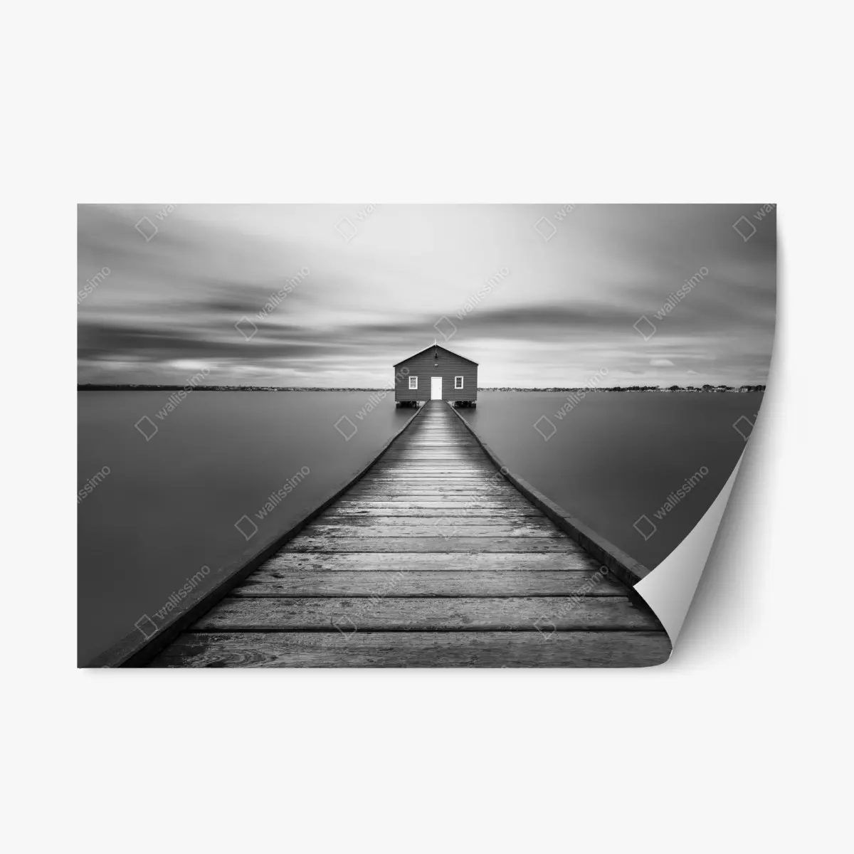Adesivo riposizionabile casetta sul molo - quiete in bianco e nero • Wallissimo®