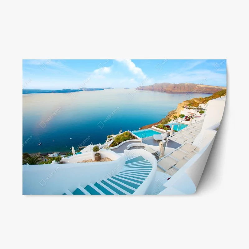 Adesivo riposizionabile vista panoramica di Santorini con caldera e scalinate