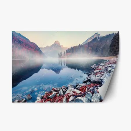 Adesivo riposizionabile alba nebbiosa sul lago Obersee • Wallissimo®