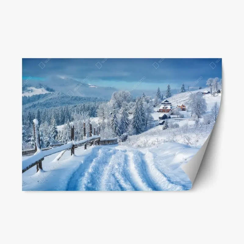 Adesivo riposizionabile sentiero innevato verso il villaggio alpino