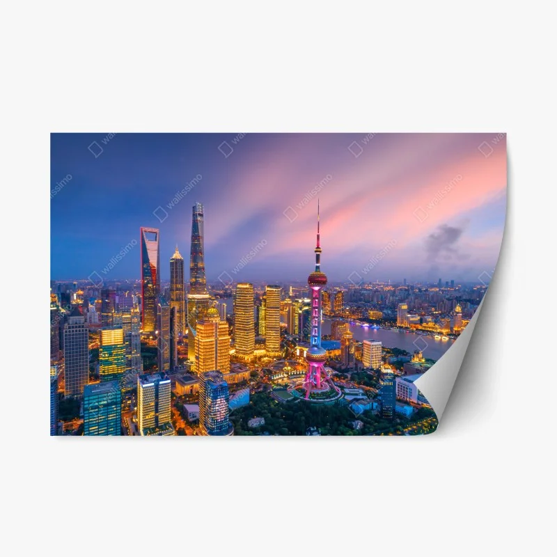 Adesivo riposizionabile tramonto vibrante sulla skyline di Shanghai