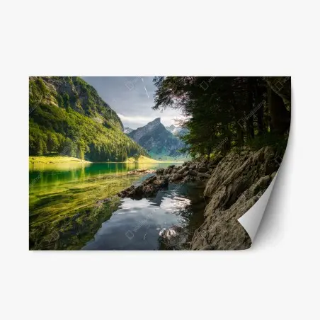 Adesivo riposizionabile riflessi montani sul lago smeraldo • Wallissimo®