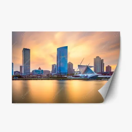 Adesivo riposizionabile tramonto dorato su Milwaukee, skyline sul Lago Michigan • Wallissimo®