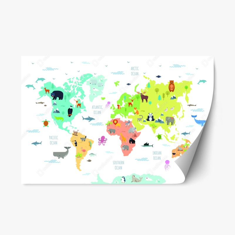 Adesivo riposizionabile mappa del mondo degli animali illustrata