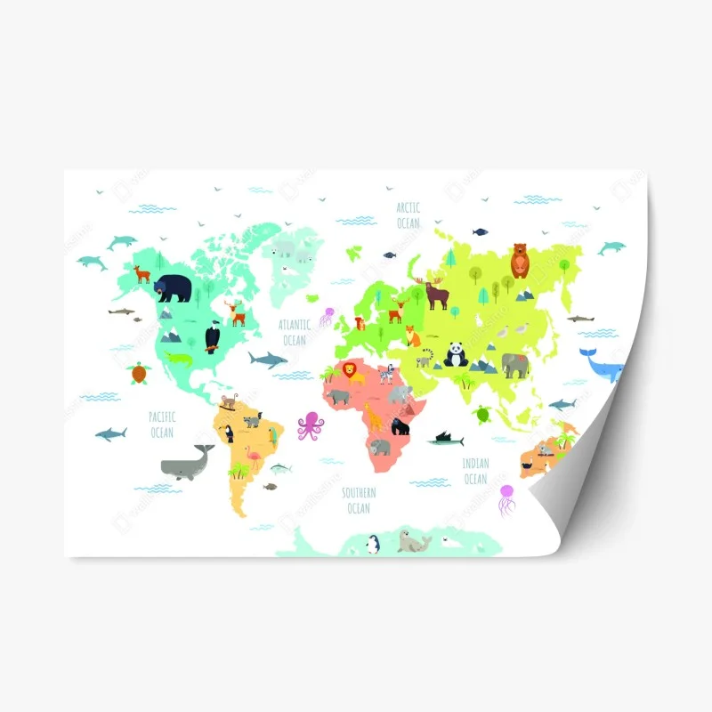 Adesivo riposizionabile mappa del mondo degli animali illustrata