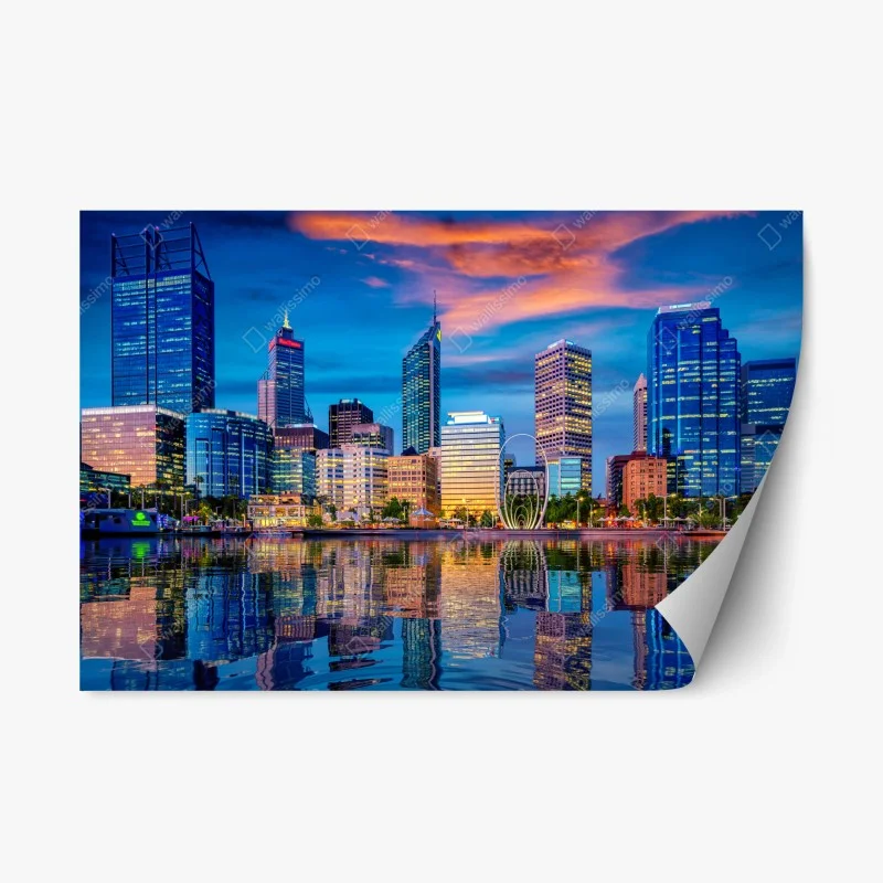 Adesivo riposizionabile tramonto su Perth: skyline riflesso sul fiume