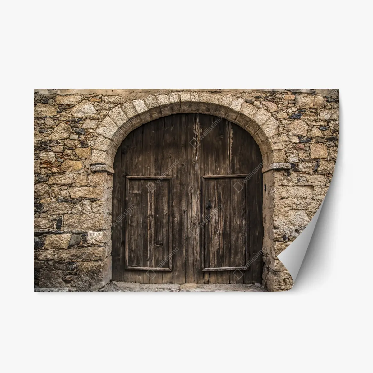Adesivo riposizionabile porta antica in legno su muro di pietra • Wallissimo® Adesivo riposizionabile porta antica in legno su muro di pietra • Wallissimo®