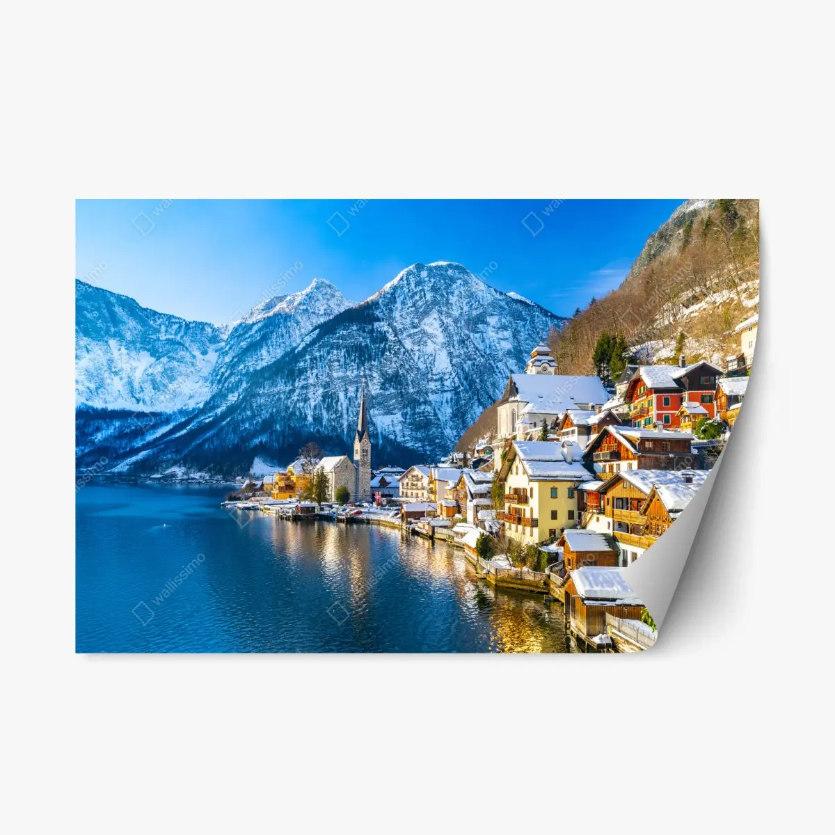 Adesivo riposizionabile villaggio alpino sul lago innevato • Wallissimo®