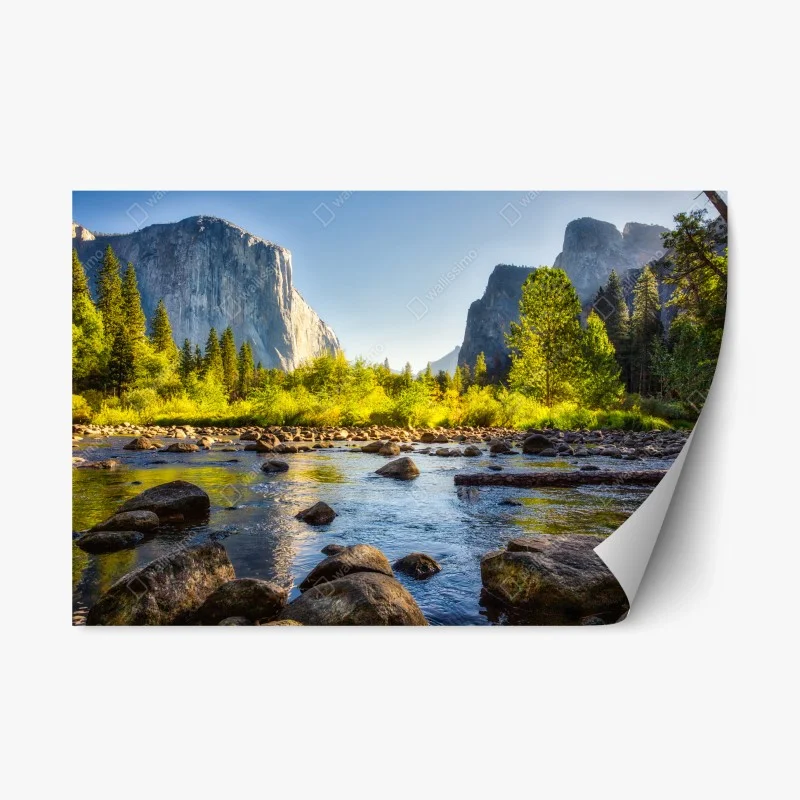 Adesivo riposizionabile valle montana al tramonto con fiume e rocce