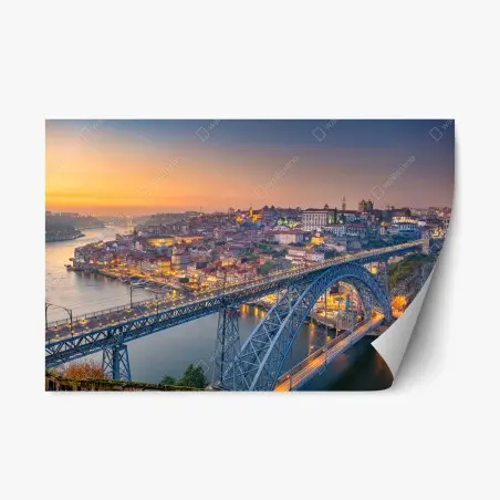 Adesivo riposizionabile tramonto su Porto: veduta panoramica del ponte e del fiume • Wallissimo®