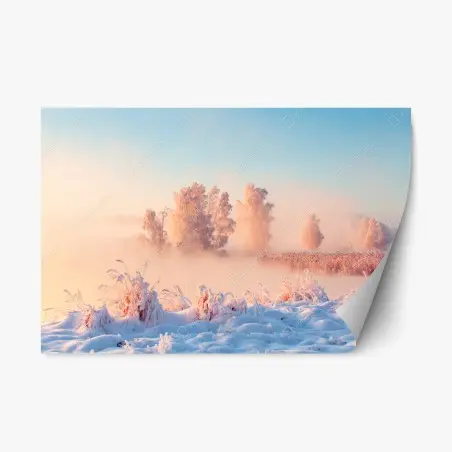 Adesivo riposizionabile alba rosa su paesaggio innevato • Wallissimo®