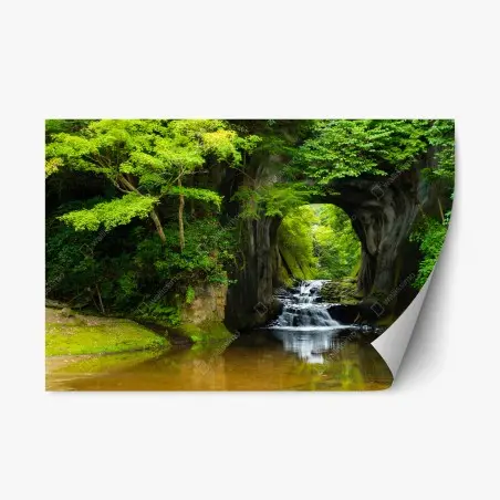 Adesivo riposizionabile arco naturale con cascata nella foresta • Wallissimo®