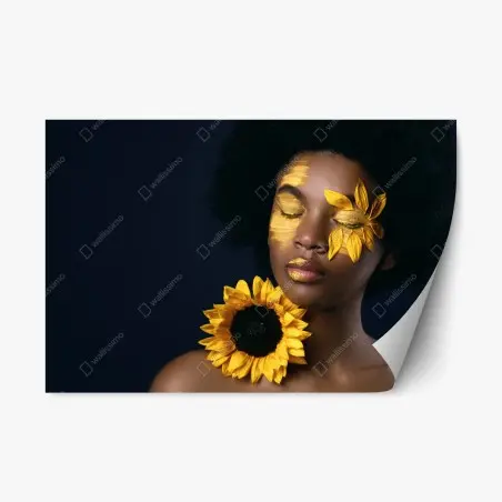 Adesivo riposizionabile ritratto solare: bellezza afro con girasole • Wallissimo®
