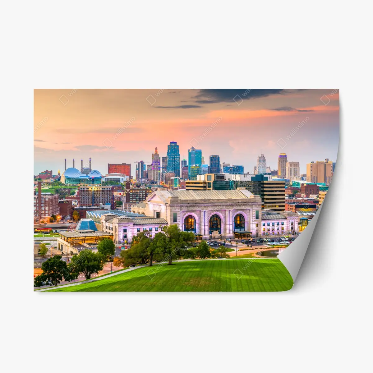 Adesivo riposizionabile panorama urbano di Kansas City con Union Station al crepuscolo • Wallissimo®