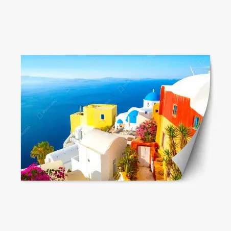 Adesivo riposizionabile scorcio di Santorini: case colorate sulla scogliera • Wallissimo®