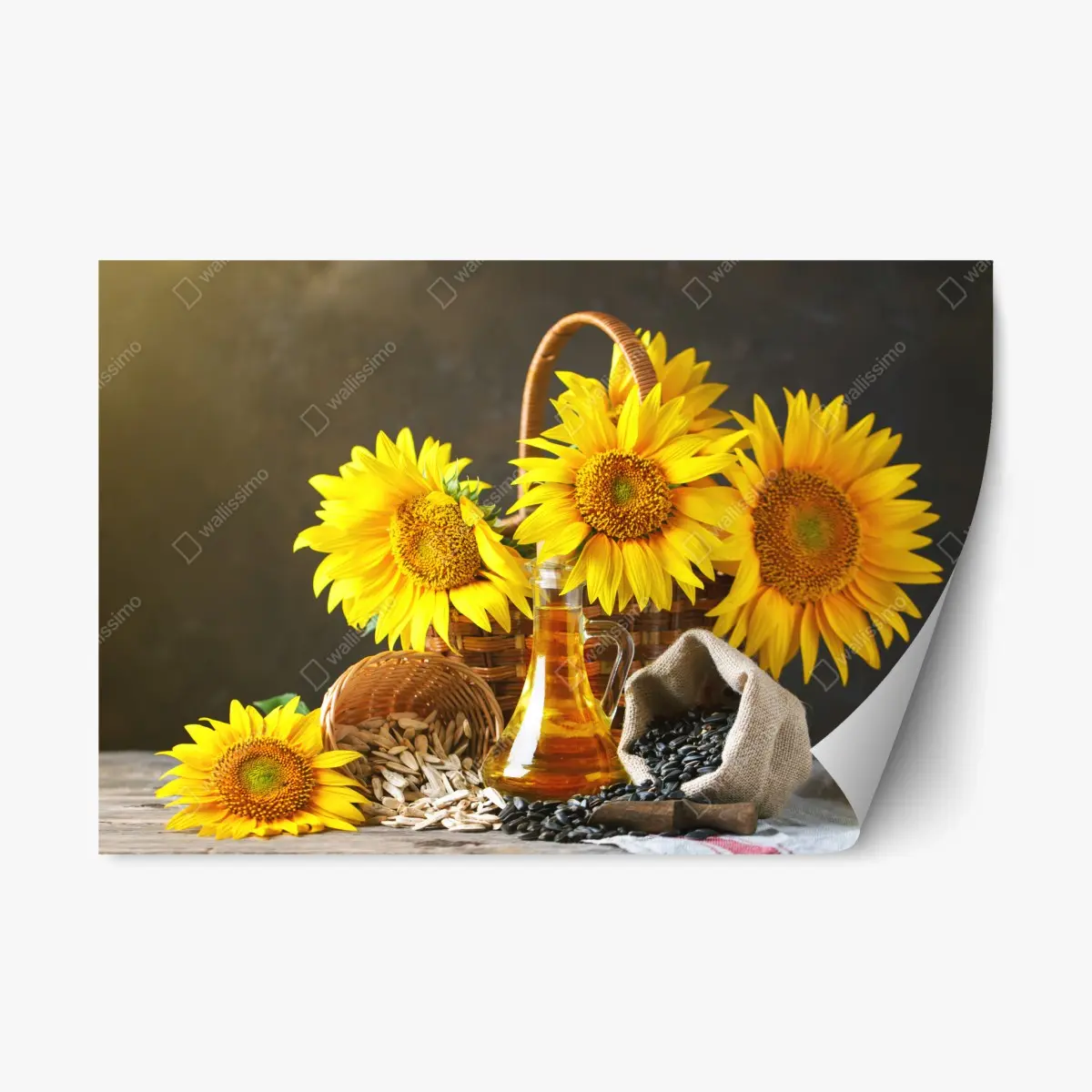 Adesivo riposizionabile composizione rustica di girasoli e semi • Wallissimo®