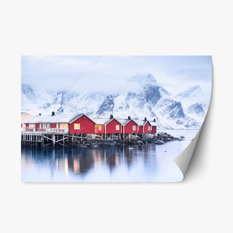 Adesivo riposizionabile case rosse sul fiordo di Lofoten