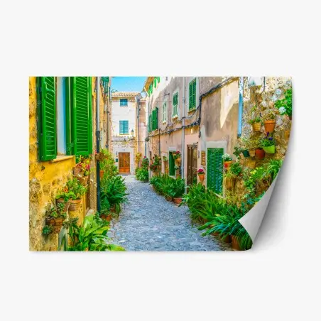 Adesivo riposizionabile vicolo fiorito in pietra • Wallissimo®