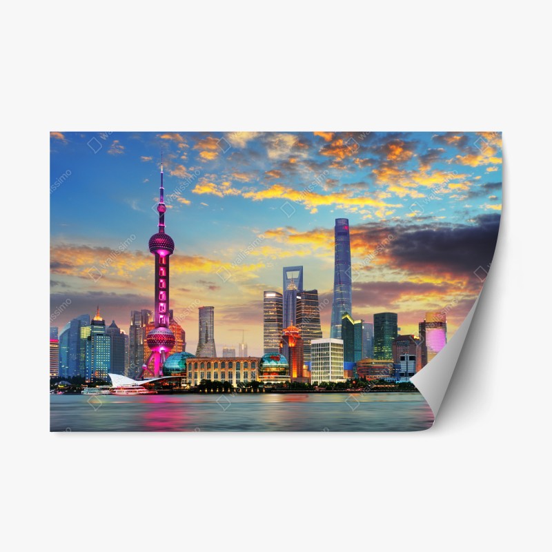 Adesivo riposizionabile vista notturna della skyline di Shanghai al tramonto