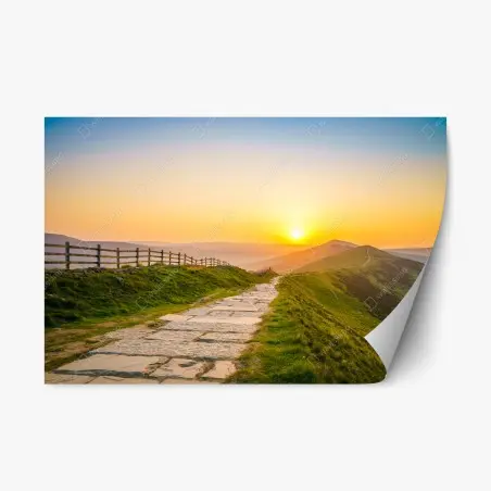 Adesivo riposizionabile sentiero dorato tra le colline al tramonto • Wallissimo®