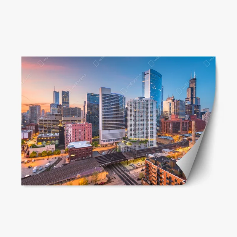 Adesivo riposizionabile tramonto su Chicago: skyline urbano moderno