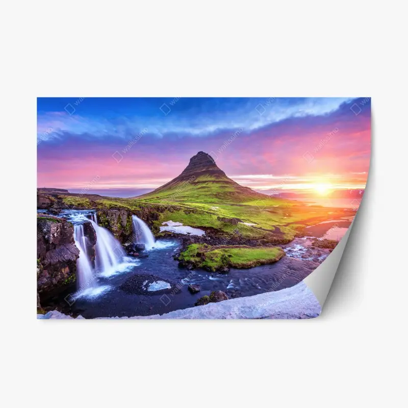 Adesivo riposizionabile tramonto rosa su Kirkjufell in Islanda