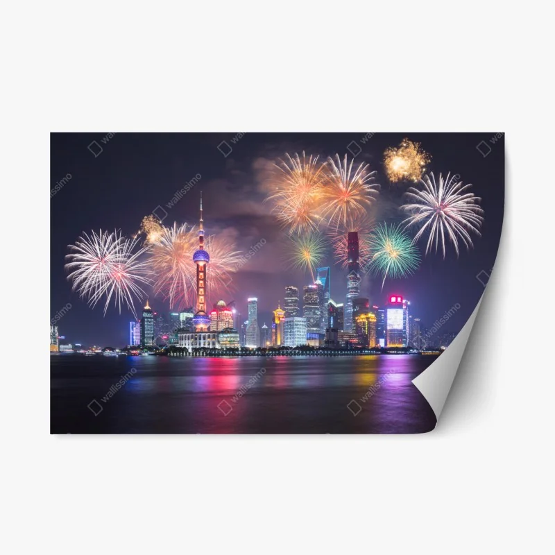 Adesivo riposizionabile notte di fuochi d'artificio sul fiume Huangpu a Shanghai