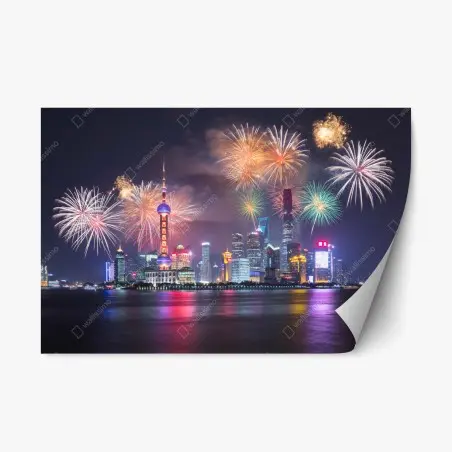Adesivo riposizionabile notte di fuochi d'artificio sul fiume Huangpu a Shanghai • Wallissimo®