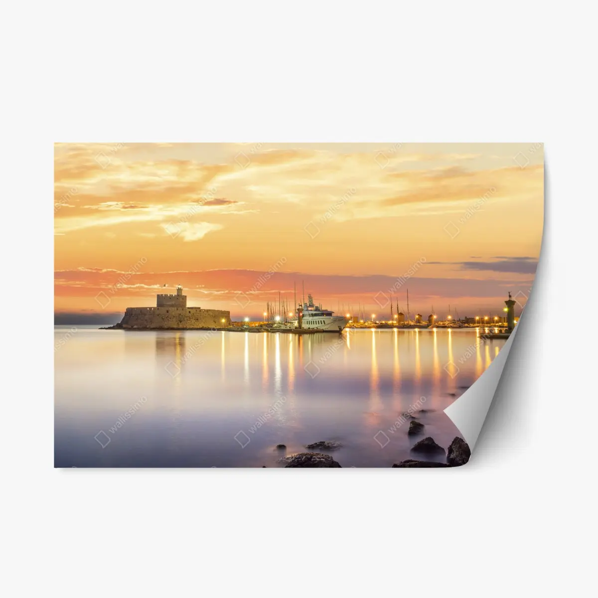 Adesivo riposizionabile tramonto sul porto di Mandraki e sulla fortezza Agios Nikolaos, Rodi • Wallissimo®