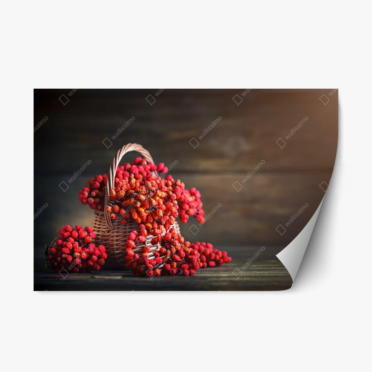 Adesivo riposizionabile composizione di bacche rosse su sfondo rustico • Wallissimo® Adesivo riposizionabile composizione di bacche rosse su sfondo rustico • Wallissimo®
