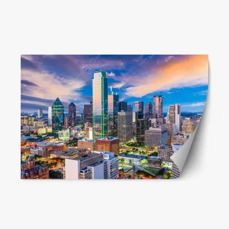 Adesivo riposizionabile tramonto su Dallas: skyline urbano e contemporaneo • Wallissimo®