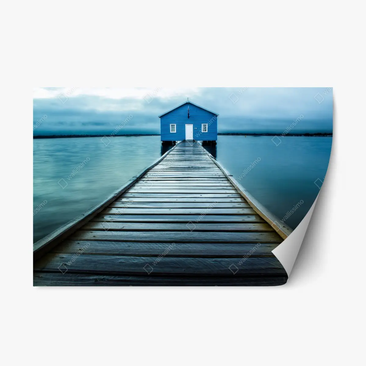 Adesivo riposizionabile capanno blu sul pontile • Wallissimo®
