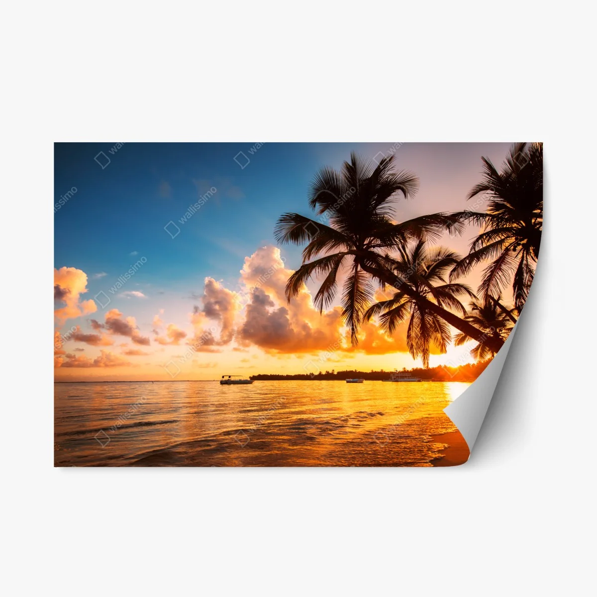 Adesivo riposizionabile tramonto tropicale con palme sulla spiaggia • Wallissimo® Adesivo riposizionabile tramonto tropicale con palme sulla spiaggia • Wallissimo®