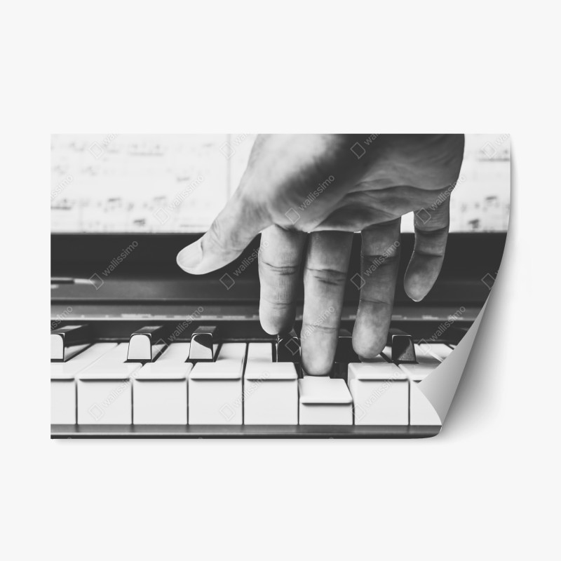 Adesivo riposizionabile mano che suona il pianoforte in bianco e nero
