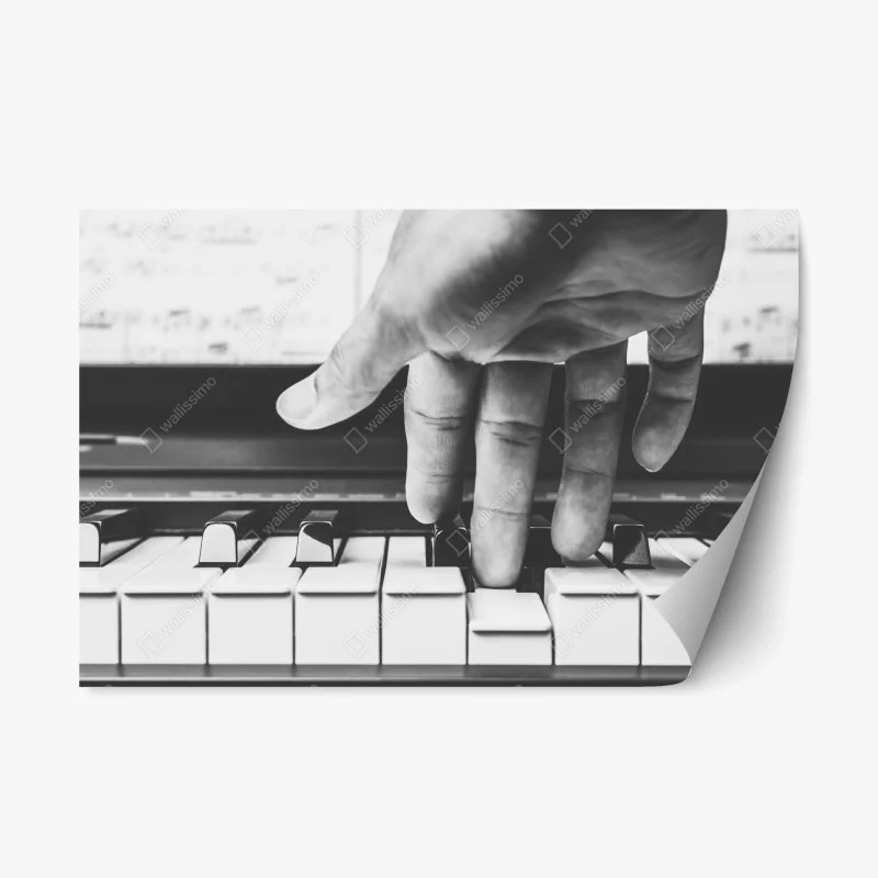 Adesivo riposizionabile mano che suona il pianoforte in bianco e nero